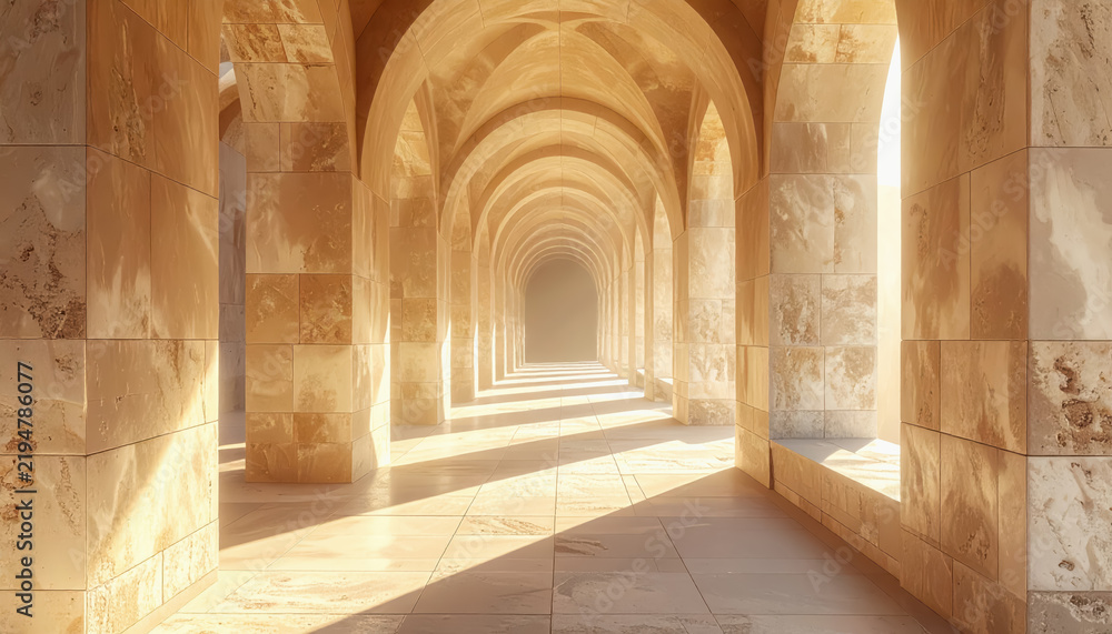 Fototapeta premium Endless stone archway corridor with dramatic sunlight and shadows, creating a sense of mystery and grandeur