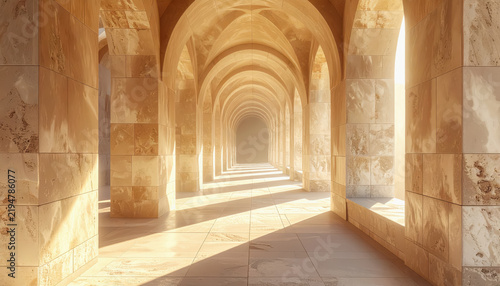 Endless stone archway corridor with dramatic sunlight and shadows, creating a sense of mystery and grandeur