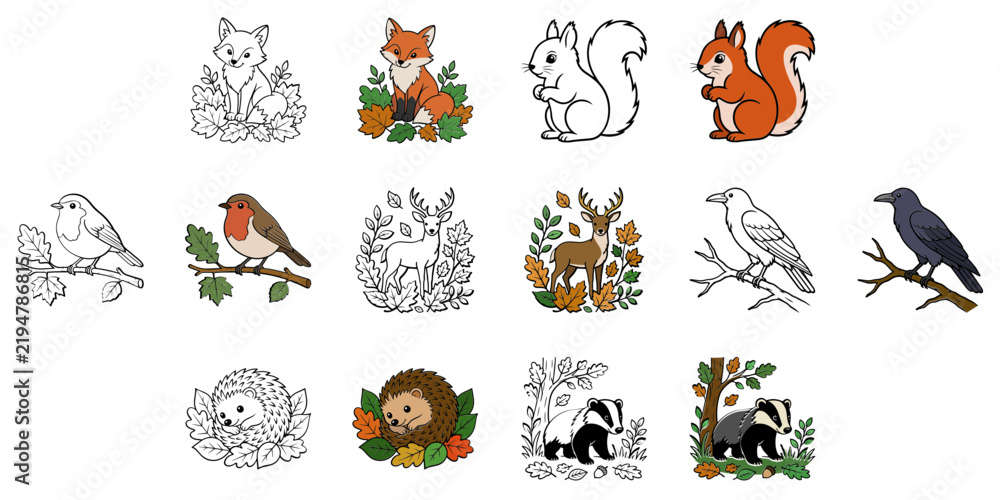 Obraz premium Collection of cute cartoon woodland animals, including a fox, squirrel, robin, deer, raven, hedgehog, and badger, surrounded by autumn leaves, perfect for children's illustrations and designs.
