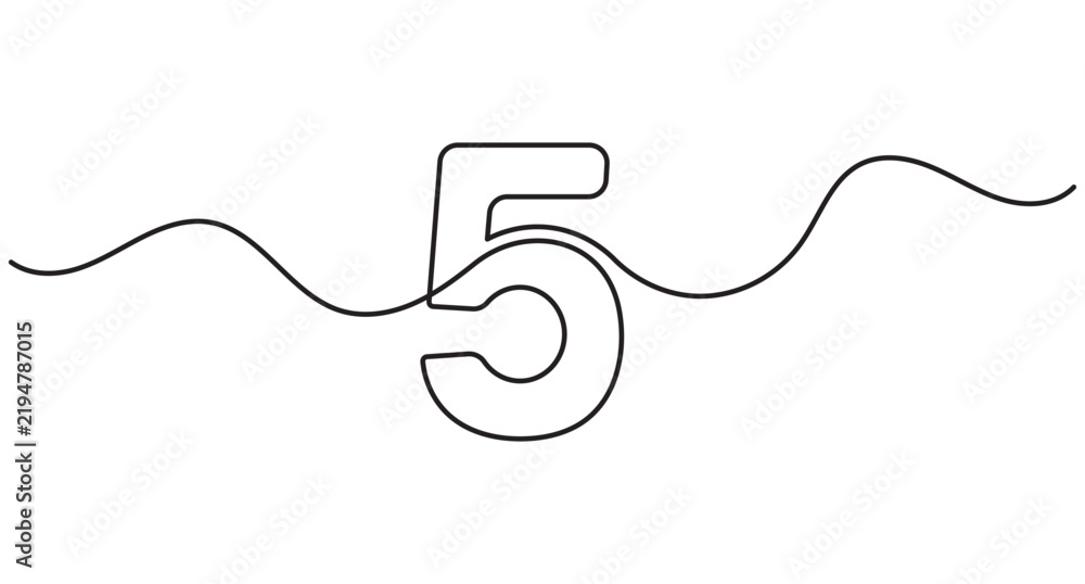 Obraz premium Number five continuous line drawing, single stroke mathematical digit, sleek outline art, editable stroke.