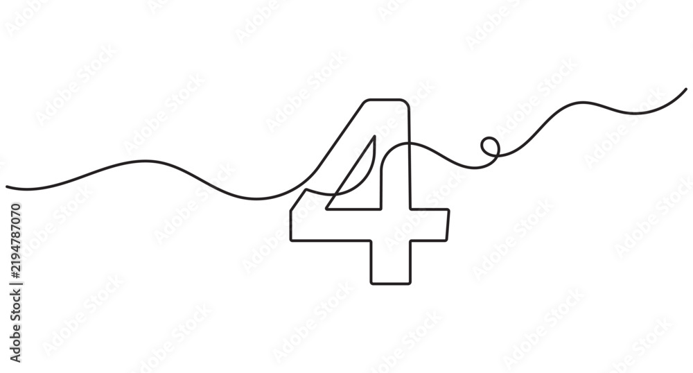 Obraz premium Number four continuous line drawing, single stroke mathematical digit, sleek outline art, editable stroke.