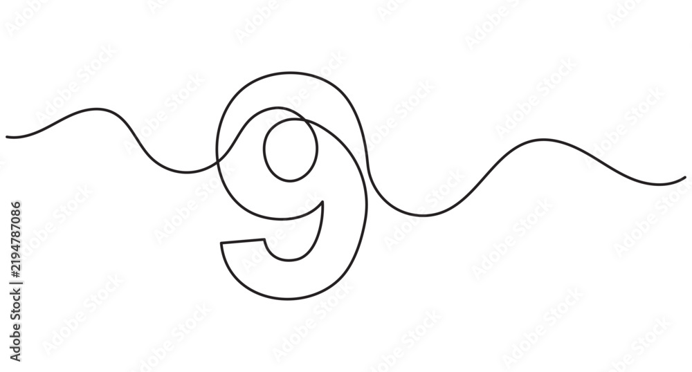 Obraz premium Number nine continuous line drawing, single stroke contour graphic, elegant outline art, editable stroke.