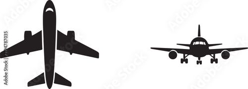 Top view and front view airplane silhouettes vector icons set for aviation travel graphic.
