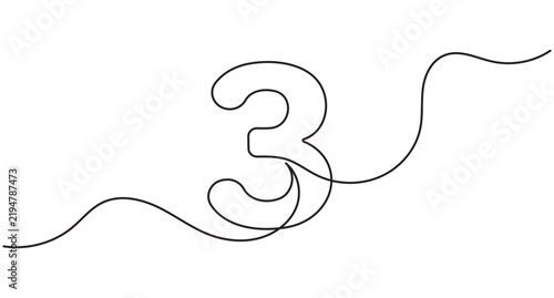 Number three continuous line drawing, single stroke contour graphic, sleek outline art, editable stroke.