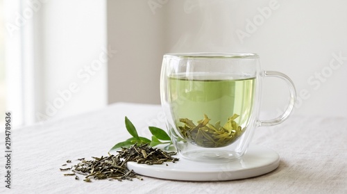 Fresh Green Tea in Glass Cup with Tea Leaves