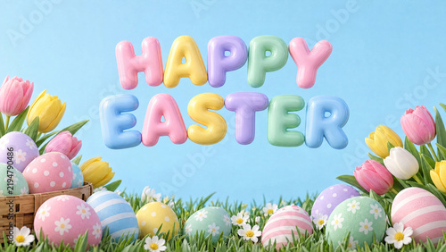 Happy Easter pastel 3D letters above colorful eggs, tulips and daisies on a light blue background
