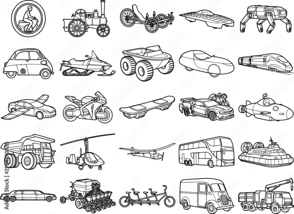 Obraz premium A collection of various vehicles and modes of transportation in black and white line art, showcasing diversity and innovation.