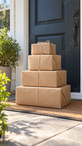 Stack of kraft paper parcels tied with twine on a front doorstep in morning light