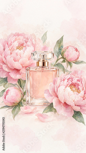 Watercolor perfume bottle without label surrounded by soft pink peonies