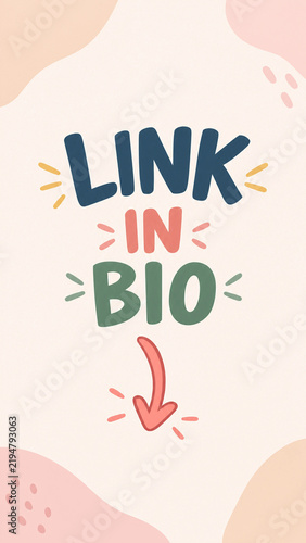 LINK IN BIO hand drawn lettering with an arrow pointing down on a pastel background