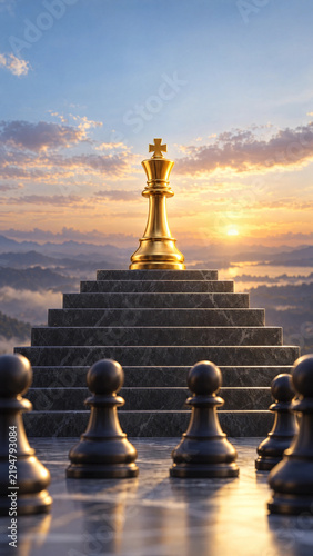 Chess pieces with a golden king on top of a staircase, strategy concept