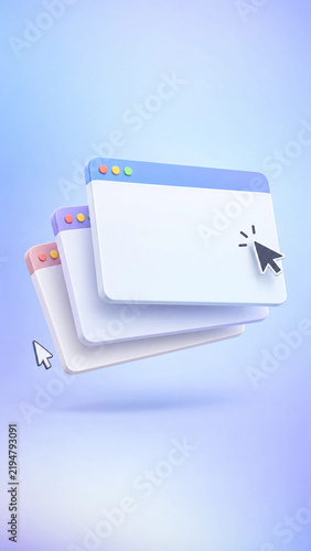 Floating stack of blank app window cards with cursor arrows on a soft gradient