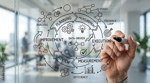 Business professional drawing a complex project management cycle diagram on a glass wall in modern office.