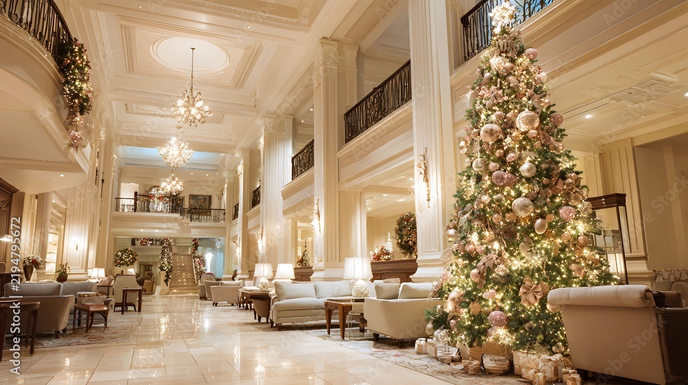 Obraz premium Elegant luxury hotel lobby decorated for Christmas with a grand illuminated pine tree centerpiece