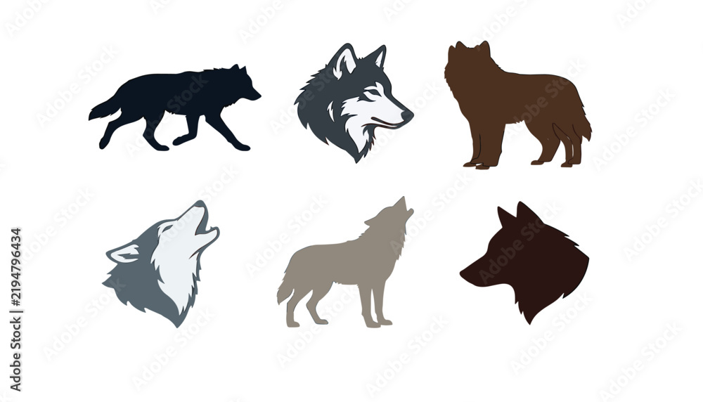 Obraz premium Wolf silhouette and head set with howling wild predators icons isolated on white background vector illustration