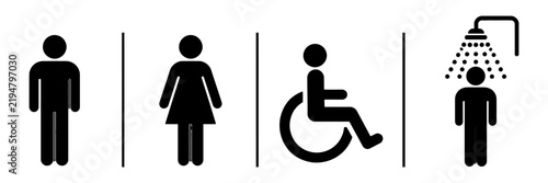 Restroom sign icons set, black bathroom symbols for male female and disabled access, public shower wayfinding vector