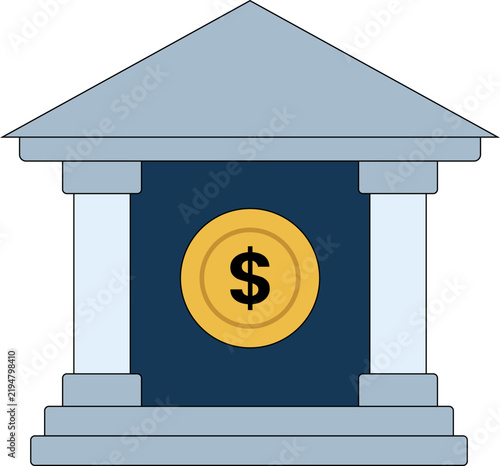 Bank Building Icon with Dollar Coin Financial Architecture and Investment Vector
