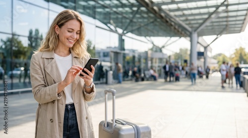 Smiling female traveler with a suitcase using a smartphone outside an airport terminal