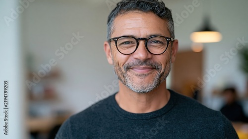 Portrait of a smiling middle aged man with graying hair wearing glasses in a bright office space