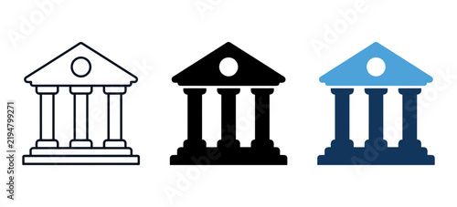 Classical bank building icon set in outline and solid styles with government bui