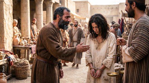 Prophet Hosea reaching out to estranged wife Gomer in ancient marketplace, redemption and reconciliation biblical scene