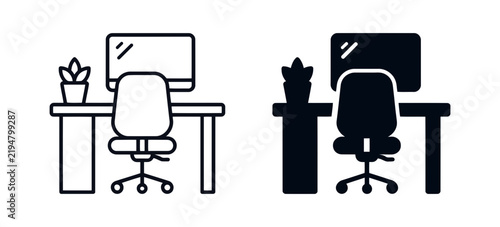 Home office workspace icons with computer desk chair and plant