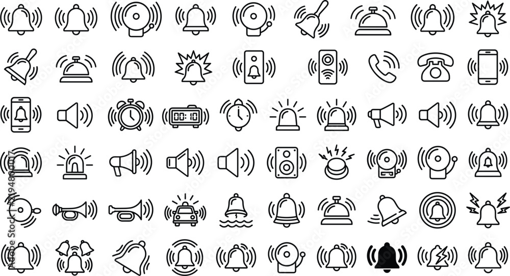 Obraz premium Alarm and notification line icon collection featuring ringing bells, sirens, telephones, speakers, alerts, reminders, sound signals, and communication notification line icon collection