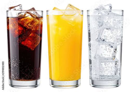 Fotografie Three tall glasses filled with cola orange soda and water with lots of ice cubes