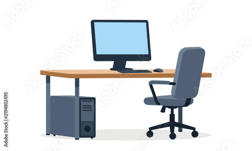 Minimalist home office workspace setup featuring a large monitor, black mouse, grey ergonomic chair, and desktop computer case.