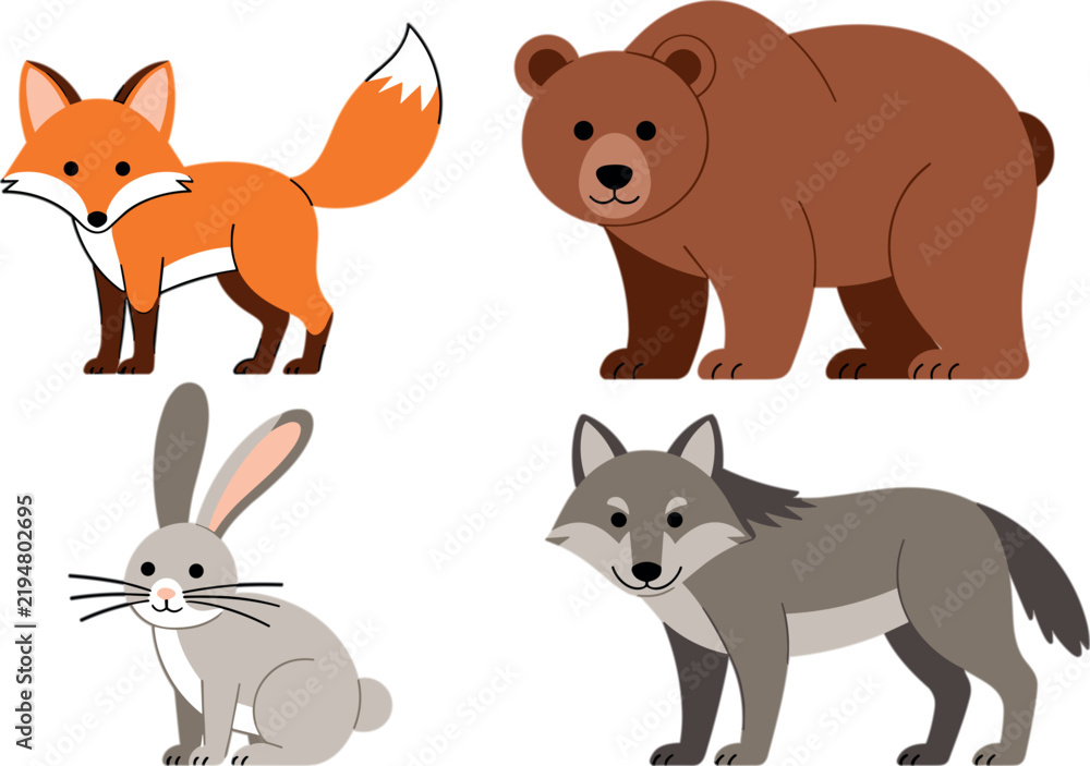 Fototapeta premium Cute Cartoon Woodland Animals Collection Featuring a Red Fox, Brown Bear, Bunny Rabbit, and Grey Wolf Standing Side Profile Vector Illustration