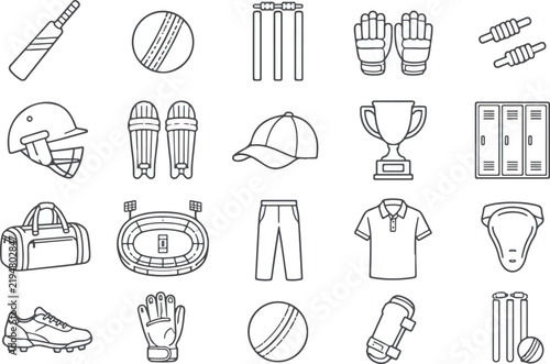 Foto Cricket Equipment and Sports Gear Minimal Vector Icon Set