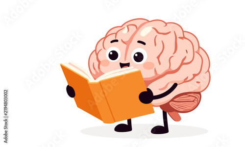 Cute cartoon pink brain character standing and reading an orange book, concept of education and intelligence.