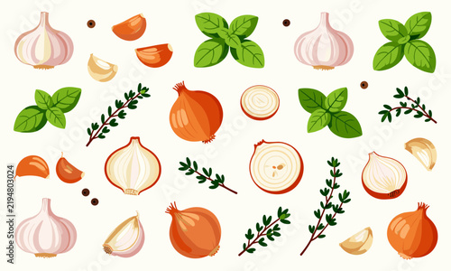 Culinary pattern design with fresh garlic bulbs, onions, basil leaves, and thyme sprigs, vector food element.