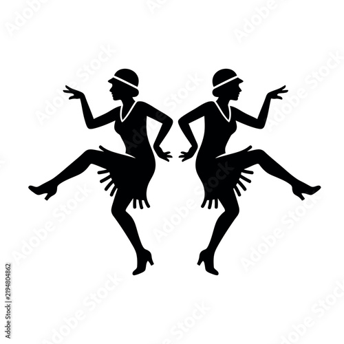 Two elegant flapper dancers in silhouette performing a lively routine.