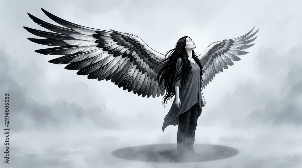 Fototapeta premium Seraphic Being: A captivating illustration depicts a solitary figure with majestic, outstretched wings, evoking a sense of ethereal beauty and spiritual elevation.