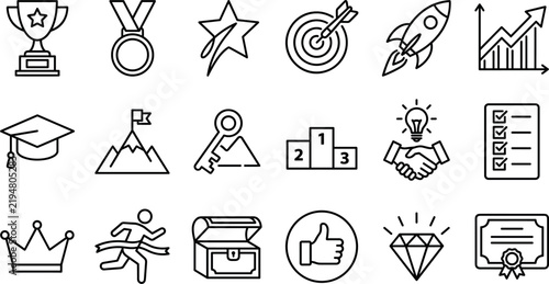 Business success and achievement line art icon set featuring trophy medal target rocket growth chart podium graduation cap key certificate