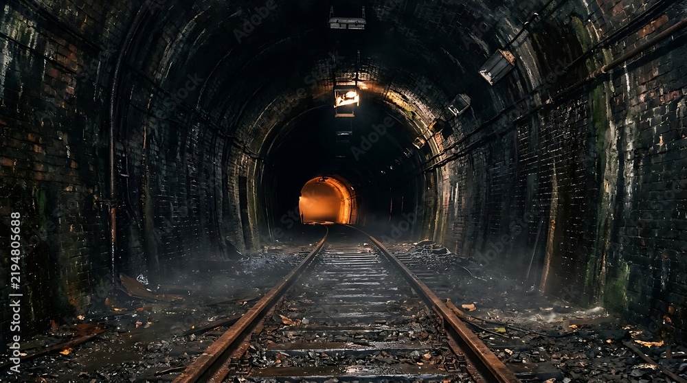 Fototapeta premium Train entering dark tunnel with lights