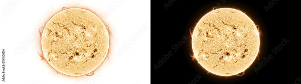 Fototapeta premium Solar prominence active sun glowing sphere with multiple sunspots and edge flares for cosmic design in PNG, Transparent and Black Background Versions