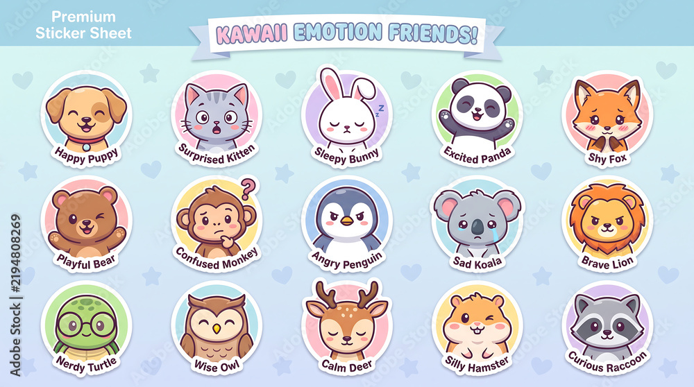 Obraz premium Set of cute kawaii animal emotion stickers with expressive faces sticker pack stickers emotions expressions illustration