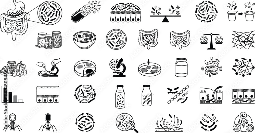 Fototapeta premium Gut microbiome and digestive health laboratory icon collection featuring intestinal bacteria, probiotics, cultures, microbiology research, and nutrition