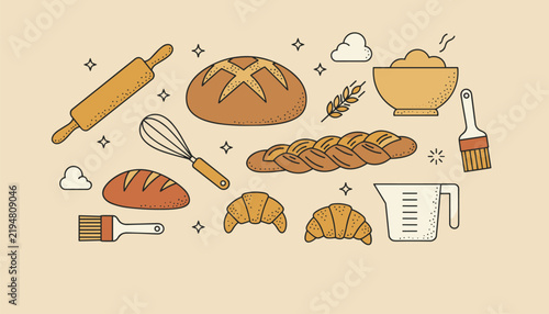 Collection of hand drawn bakery and baking utensils including fresh bread, croissants, flour, rolling pin, and measuring cup.