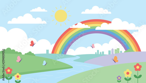 Beautiful sunny landscape features colorful rainbow stretching over winding river, blooming flowers, and butterflies.