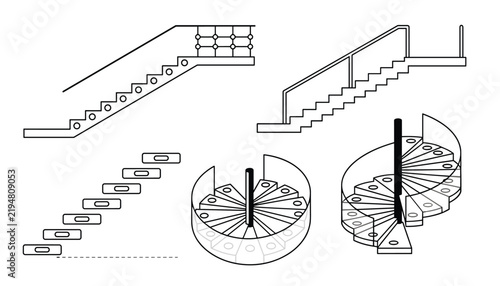 Detailed architectural diagrams show various staircase designs including straight, floating, and spiral stair models.
