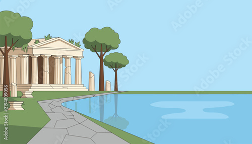 Ancient greek temple ruins with columns stand majestically by a quiet blue lake under a clear sky in a scenic landscape.