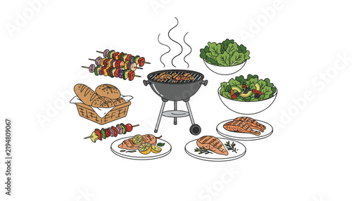 Outdoor barbecue cooking scene surrounded by delicious grilled skewers, chicken, fish fillets, fresh bread, and salads.