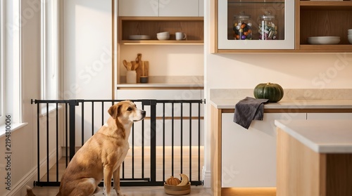 Light brown dog sits attentively behind a black pet gate in a modern, brightly lit kitchen with wooden and white cabinetry.