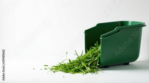 Freshly Harvested Green Herbs Spilling from a Dark Green Plastic Container on a Pristine White Surface