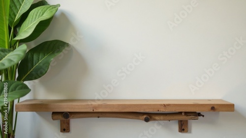 Rustic wooden shelf with natural branch supports against a minimalist off-white wall, accented by lush green foliage