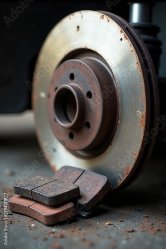 Close-up View of Rusted Automotive Brake Rotor and Worn Brake Pads