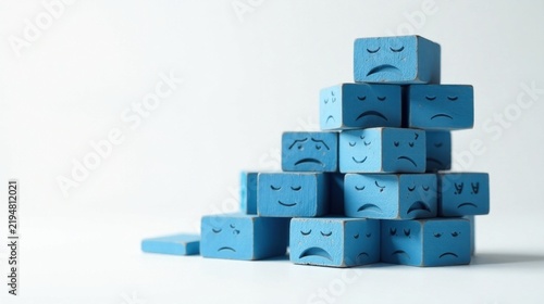 A Stack of Blue Cubes Showing Sad Facial Expressions Symbolizing Collective Discontent and Unhappiness